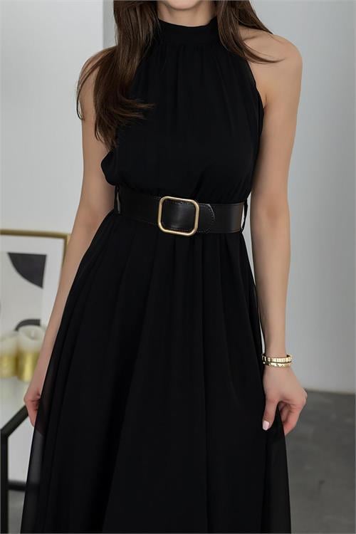 Dipmoda kadın halter yaka kemerli şifon elbise DPMY3734