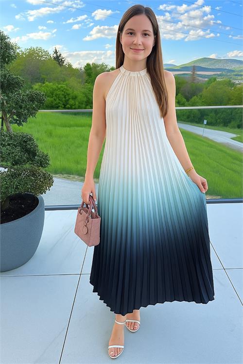 Dipmoda kadın halter yaka piliseli saten elbise DPEMP03