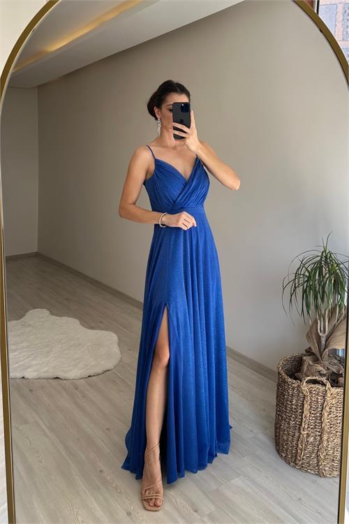 Dipmoda kadın ışıltılı askılı yırtmaç detayı şifon abiye elbise NM002