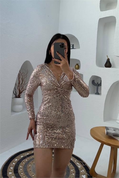 Dipmoda kadın ışıltılı uzun kollu pul payet v yaka mini elbise DPMY3649