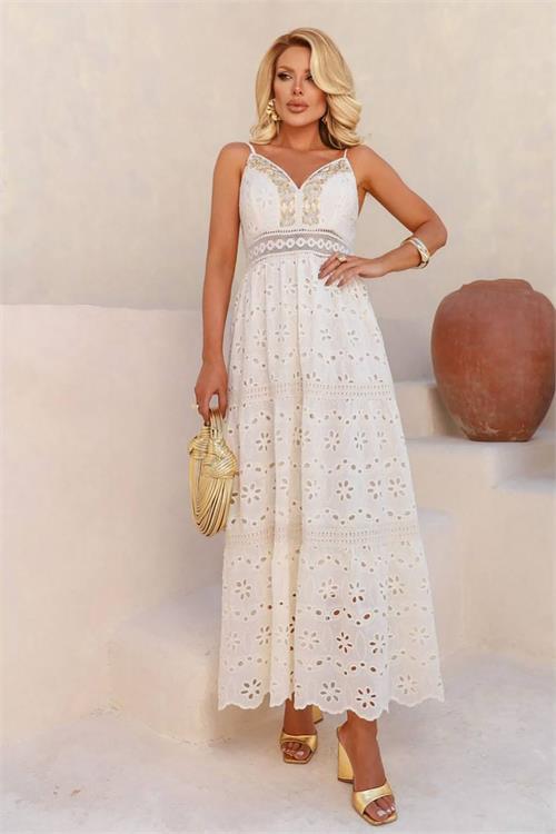 Dipmoda kadın işleme nakış detaylı askılı ithal elbise DPEMP2736