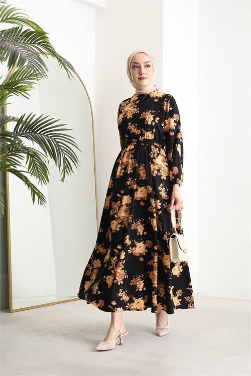 Dipmoda kadın ithal kumaş tesettür şifon elbise SMS026 - Sarı 