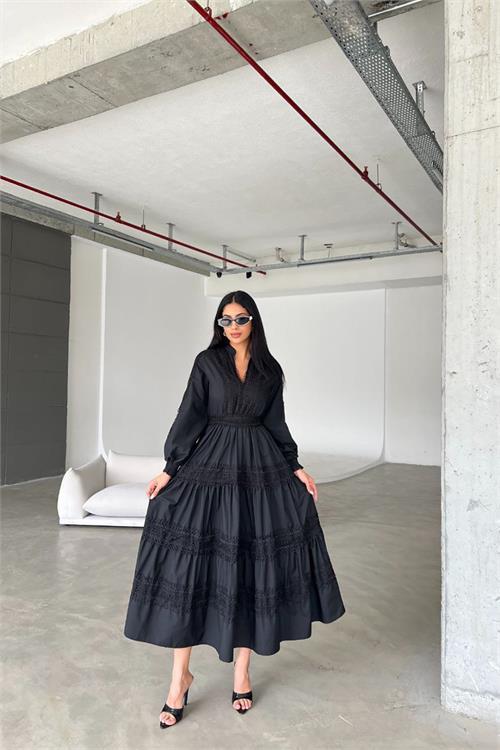 Dipmoda kadın ithal poplin dantel detaylı tasarım elbise DPMS4255