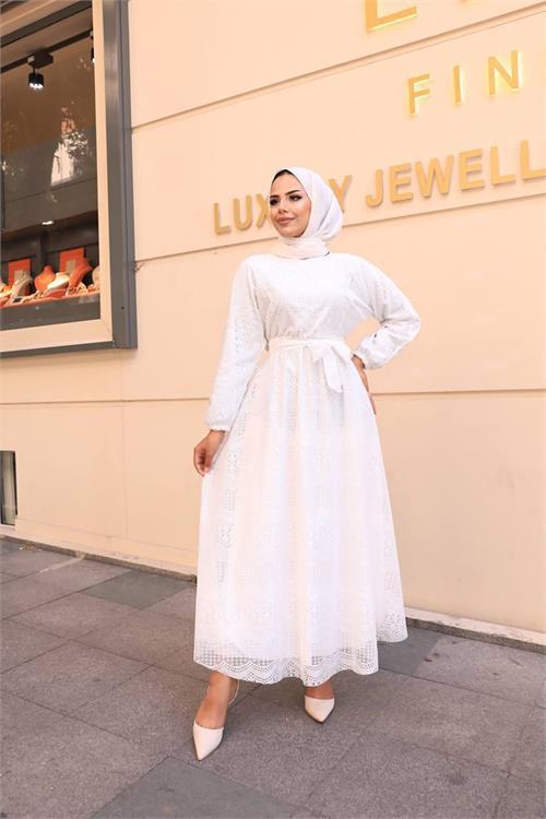 Dipmoda kadın ithal tül kumaş tesettür elbise SMS021 - Beyaz 