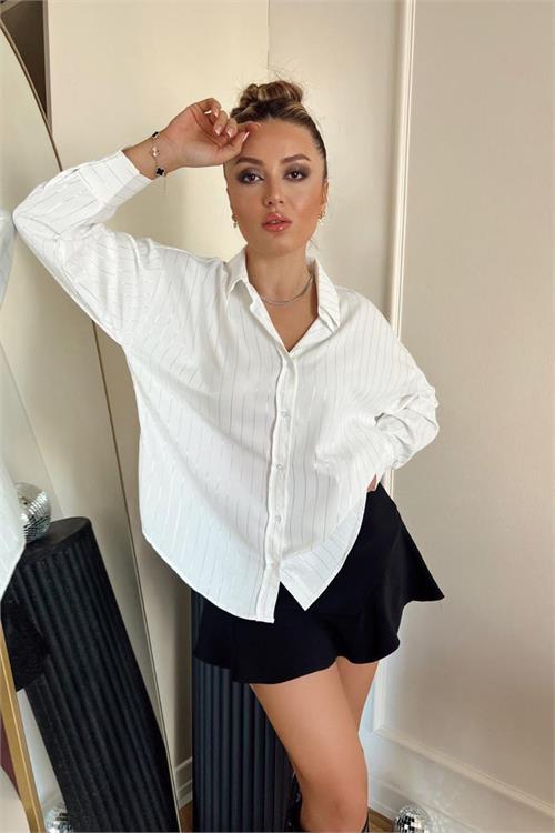 Dipmoda kadın jessika kumaş çizgili salaş gömlek DPNBASP6892