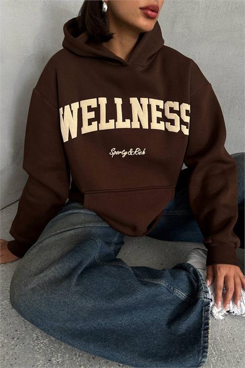 Dipmoda kadın kahve nakış detaylı kapuşonlu kışlık sweat NBG032 