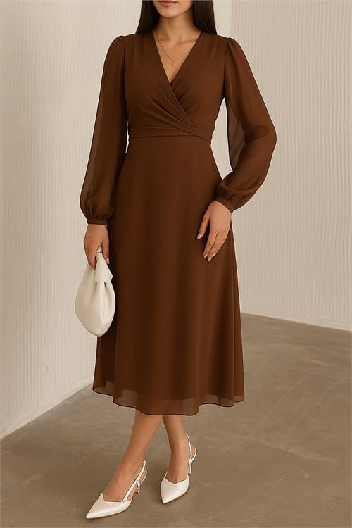 Dipmoda kadın kahverengi astarlı şifon elbise DPK30281