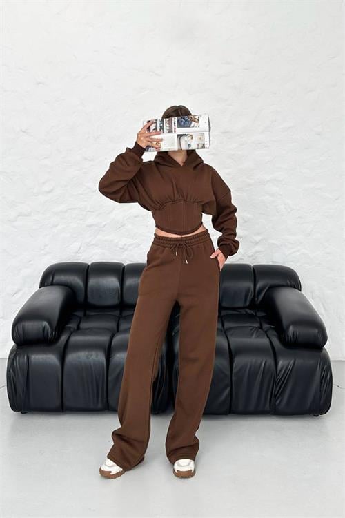 Dipmoda kadın kahverengi crop kışlık bella eşofman takımı NBG024 