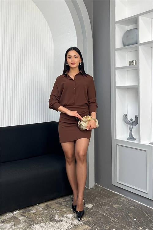 Dipmoda kadın kahverengi gömlek yaka eteği drapeli mini boy düğme detaylı elbise DPMY3869
