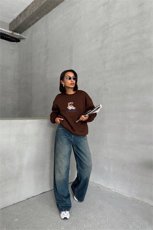 Dipmoda kadın kahverengi içi pamuklu nakış detaylı sweat NBG035 