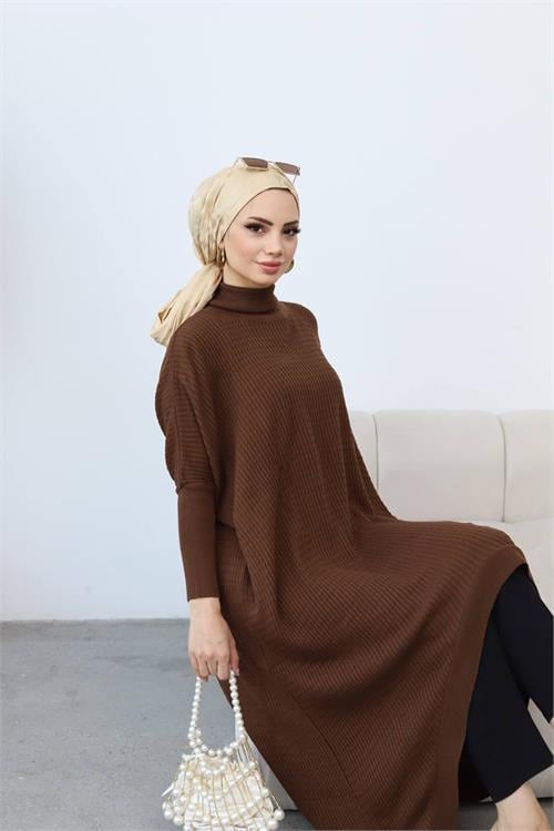 Dipmoda kadın kahverengi oversize asimetrik tesettür elbise NMS013 