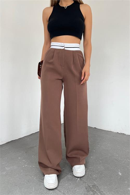 Dipmoda kadın kahverengi palazzo cepli pantolon QNS037 