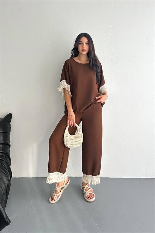 Dipmoda kadın kahverengi yazlık alt üst ikili takım DPK4108