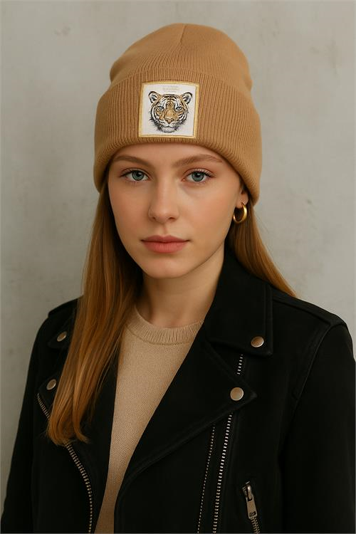 Dipmoda kadın kaplan nakış logolu triko örme bere DPAKS023