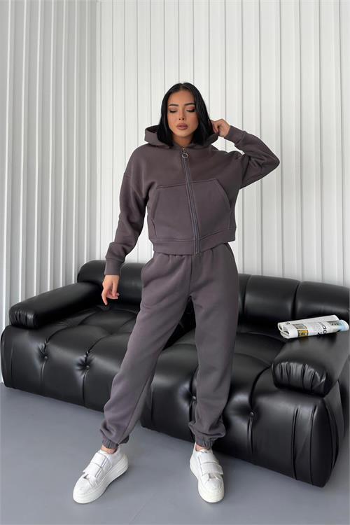 Dipmoda kadın kapüşonlu 3 iplik alt üst eşofman takımı DPNDCB11636