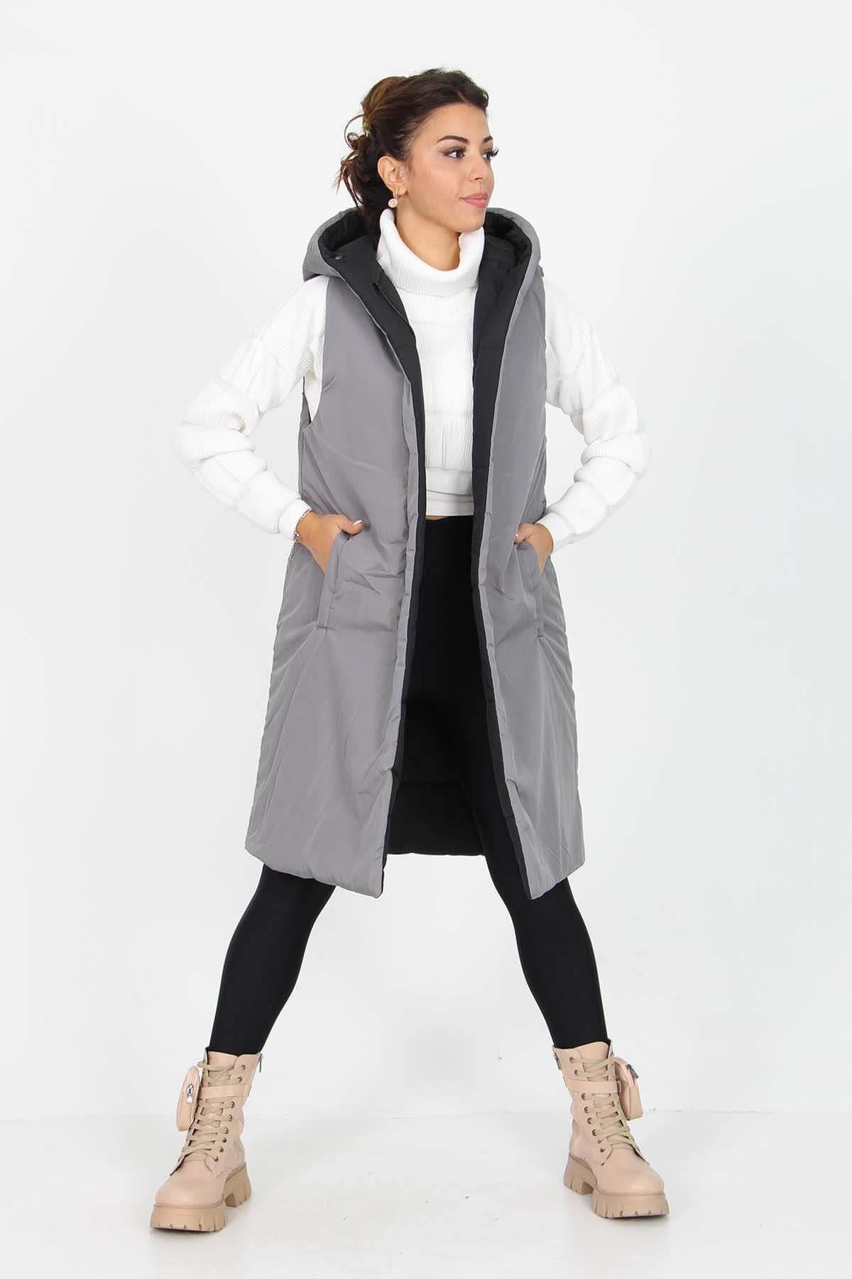 Dipmoda kadın kapüşonlu çift taraflı yeni sezon uzun kapitone neo yelek SY002 