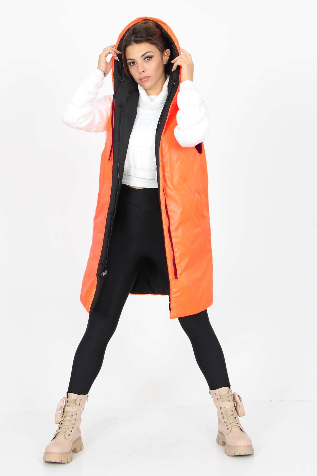 Dipmoda kadın kapüşonlu çift taraflı yeni sezon uzun kapitone neo yelek SY002 