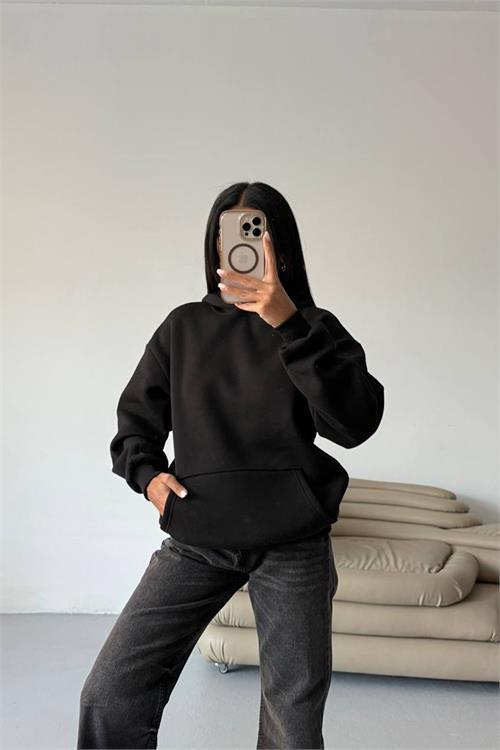 Dipmoda kadın kapüşonlu kanguru cepli oversize sweat DPG109