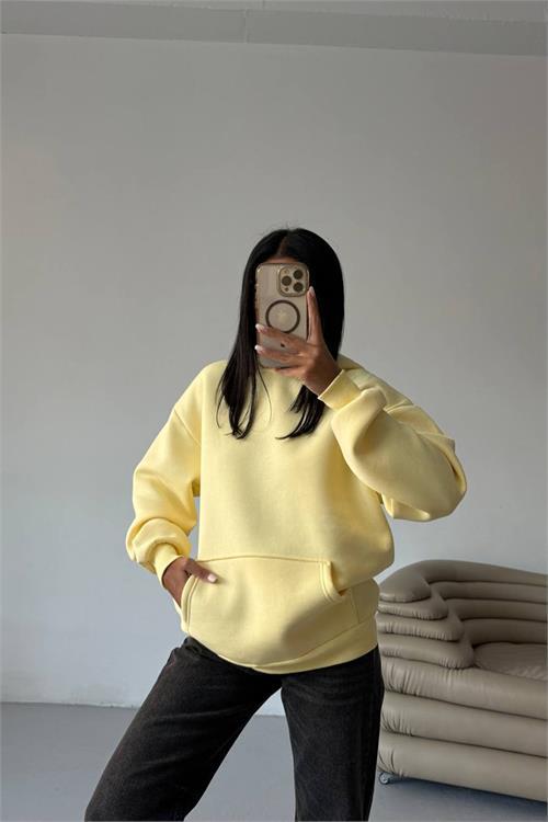 Dipmoda kadın kapüşonlu kanguru cepli oversize sweat DPG109