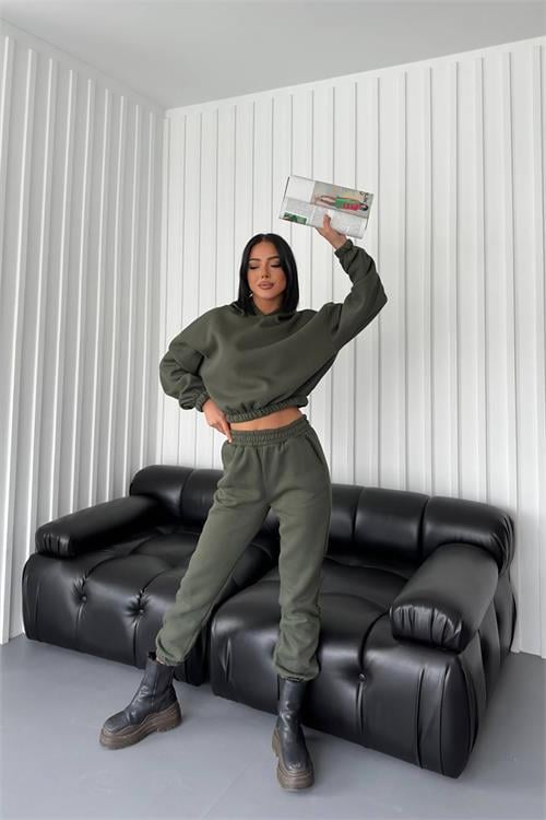 Dipmoda kadın kapüşonlu şardonlu eşofman takımı DPGTS020 - Haki