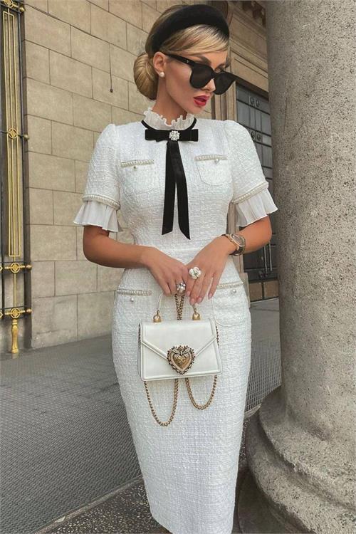 Dipmoda kadın kaşe kumaş inci ve broş detaylı abiye elbiseNBEMP2051 