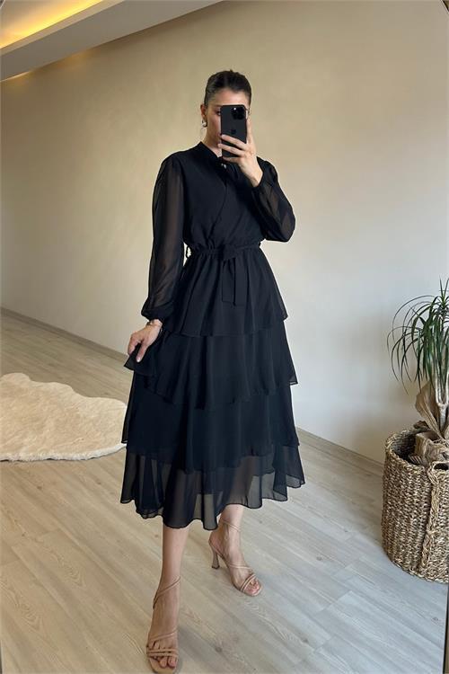 Dipmoda kadın kat kat volanlı kuşaklı midi şifon elbise NM004