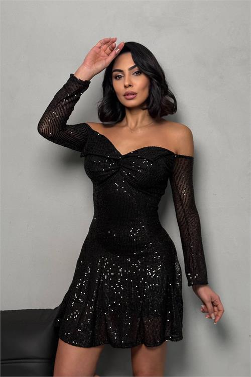 Dipmoda kadın kayık yaka pul payet mini elbise DPNBDF128