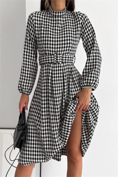 Dipmoda kadın kazayağı desenli kemerli midi elbise KKLF39 