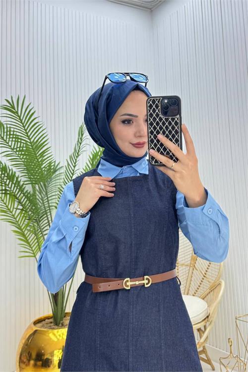 Dipmoda kadın kemerli denim jile gömlek tesettür takım NMS073