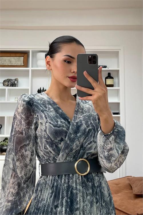 Dipmoda kadın kemerli eteği piliseli şifon elbise DPNBMY3286