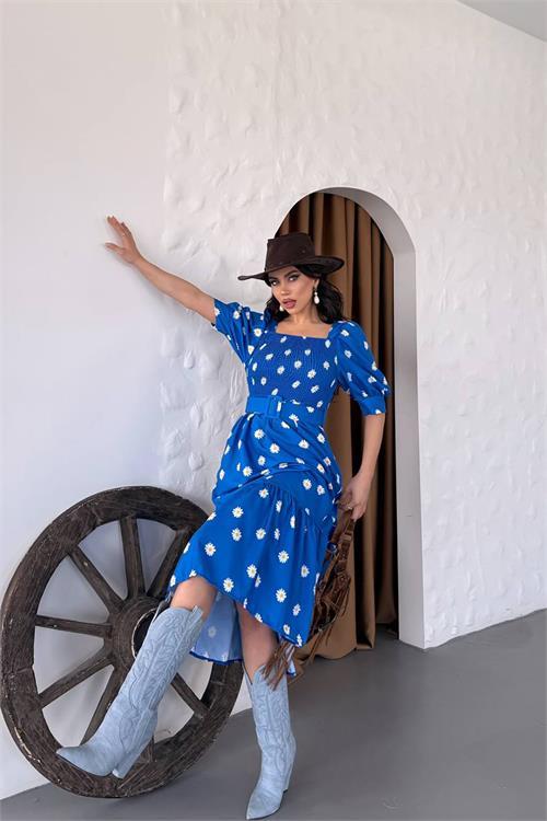 Dipmoda kadın kemerli kare yaka çiçekli midi boy elbise DPKS4104