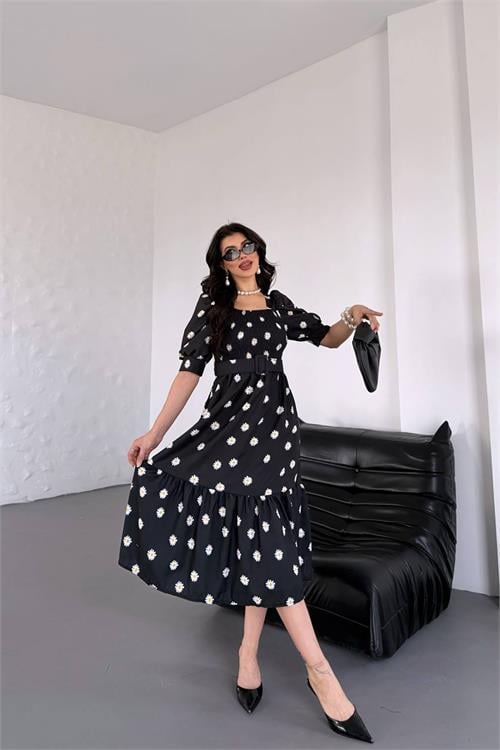 Dipmoda kadın kemerli kare yaka çiçekli midi boy elbise DPKS4104