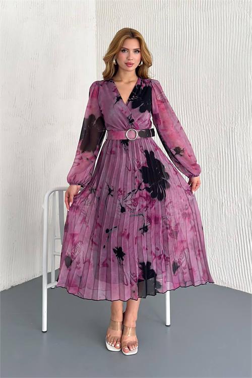 Dipmoda kadın kemerli kruvaze yaka desenli şifon elbise DPNBK20302