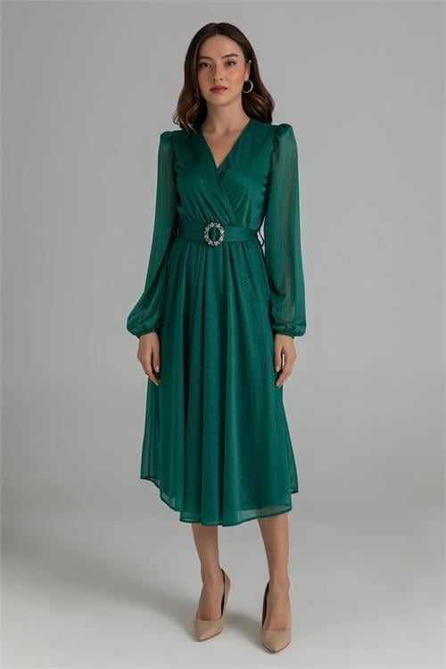 Dipmoda kadın kemerli kruvaze yaka simli gece elbisesi DPNBMY3590