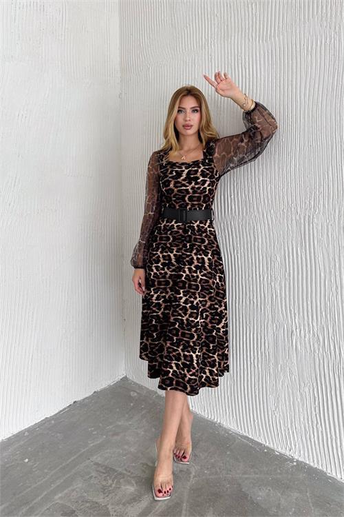 Dipmoda kadın kemerli leopar desenli elbise NBK2206