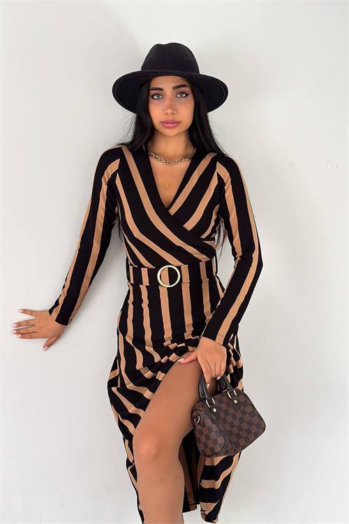 Dipmoda kadın kemerli midi boy çizgili elbise KKLF48 