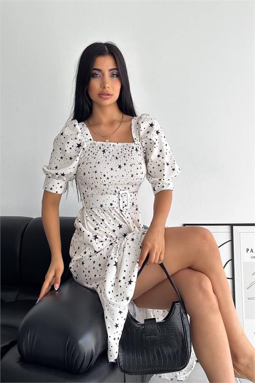 Dipmoda kadın kemerli midi boy desenli poplin elbise KKLF26 