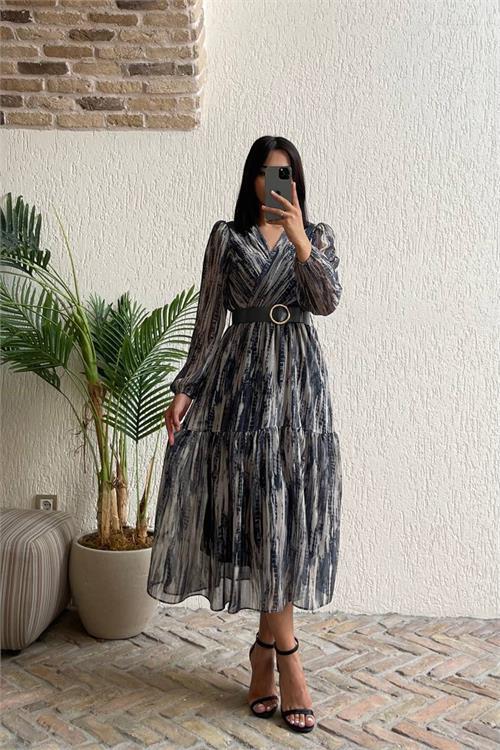 Dipmoda kadın kemerli midi boy şifon elbise DPNBMY3600