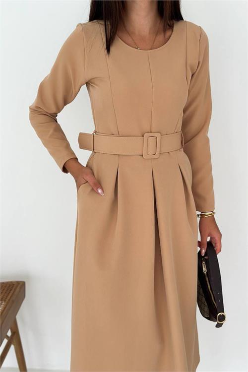 Dipmoda kadın kemerli midi boy uzun kollu elbise DPK067