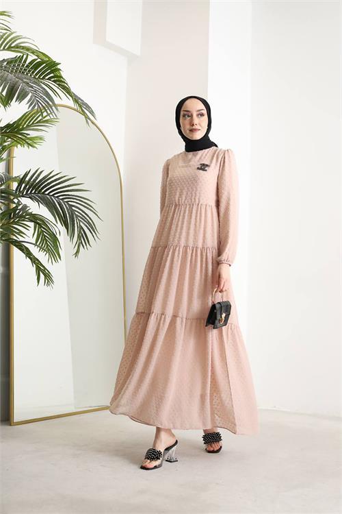 Dipmoda kadın kemerli ponpon şifon tesettür elbise SMS022 