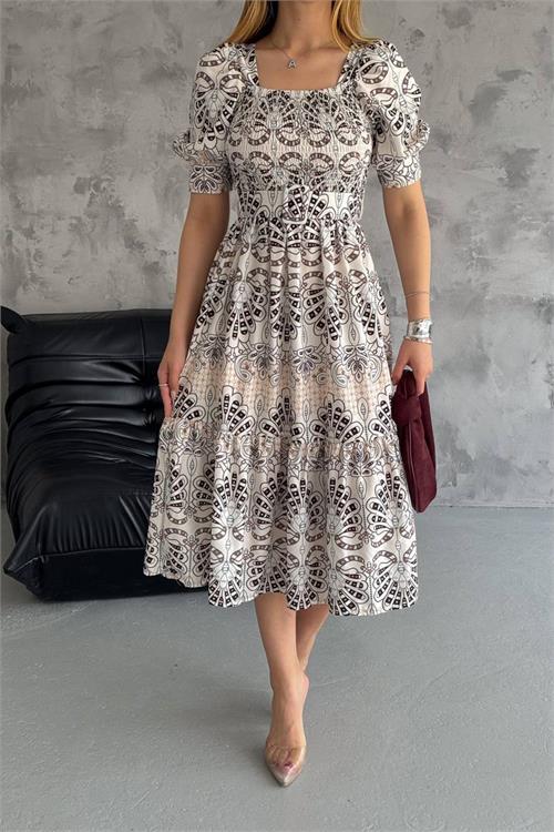 Dipmoda kadın kemerli poplin kumaş yazlık desenli elbise NBK2112 