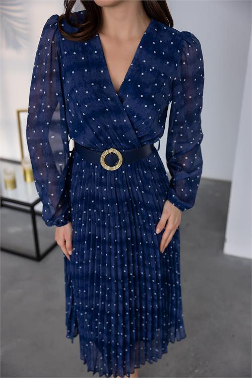 Dipmoda kadın kemerli puantiye desenli şifon elbise NBMY3286