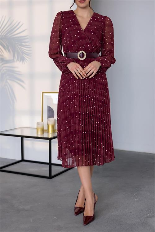 Dipmoda kadın kemerli puantiye desenli şifon elbise NBMY3286