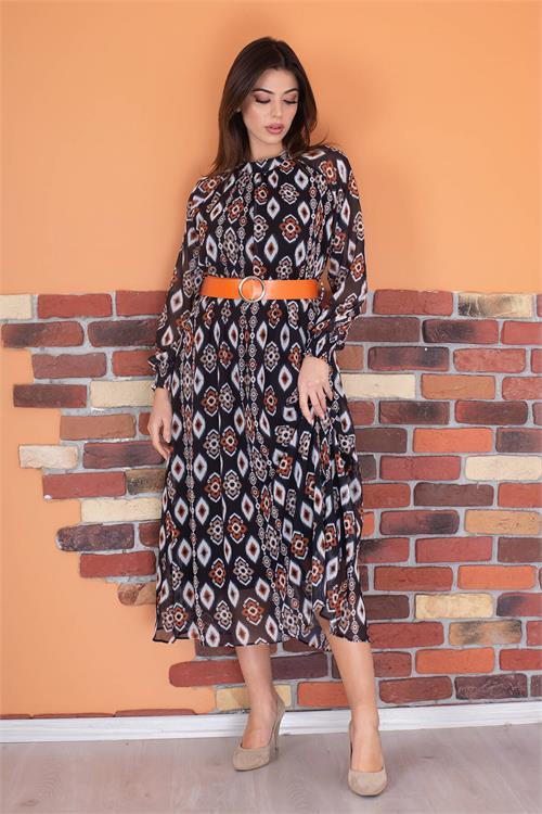 Dipmoda kadın kemerli yaka detaylı astarlı şifon elbise RY0032 