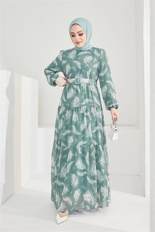 Dipmoda kadın kemerli yazlık desenli tesettür elbise SMS030 - Mint 