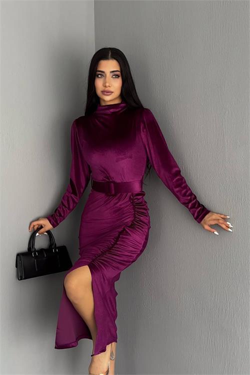 Dipmoda kadın kemerli yırtmaç detaylı uzun kadife elbise KKLF80 