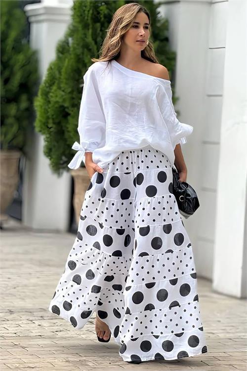 Dipmoda kadın keten puantiye desenli ikili takım DPNBEMP2480