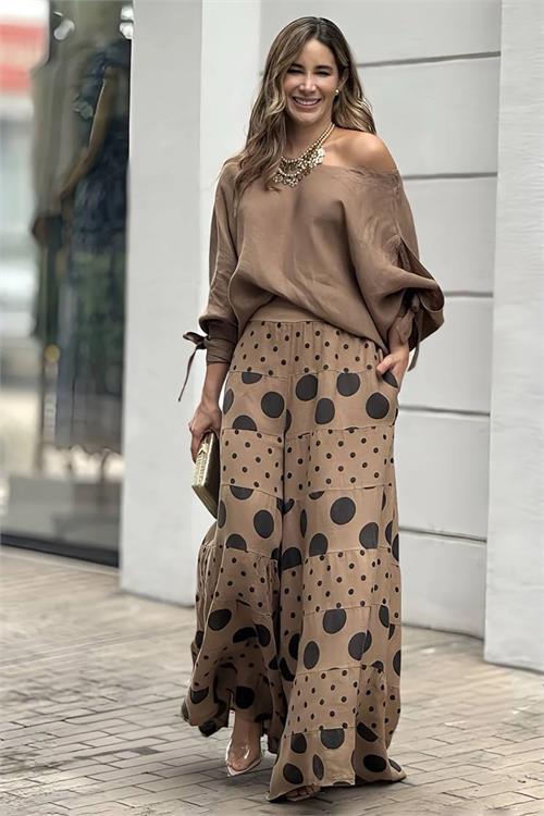 Dipmoda kadın keten puantiye desenli ikili takım DPNBEMP2480