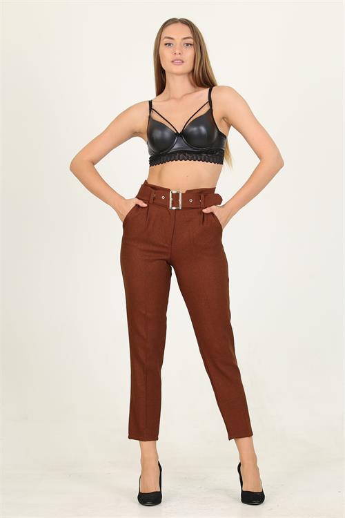 Dipmoda kadın kiremit kemerli yüksek bel havuç pantolon QNS033 
