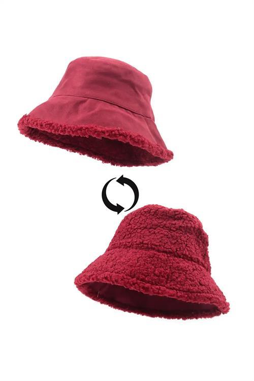 Dipmoda kadın kırmızı çift taraflı peluş bucket şapka DPAKS016